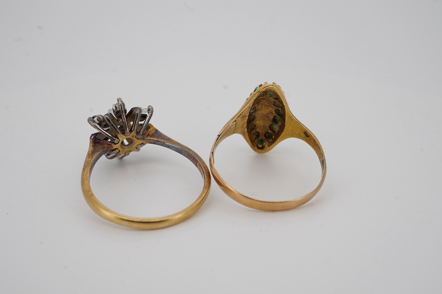 A Victorian 15ct gold, turquoise and seed pearl set marquise shaped ring, size N, together with an 18ct and diamond cluster set flower head ring, with 'coloured' petals, size O, gross weight 6.1 grams. Condition - fair